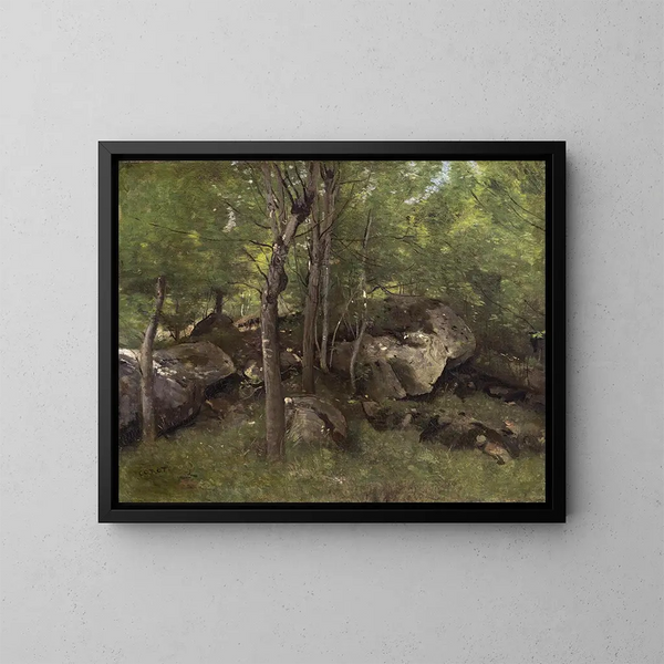 Rocce nella foresta di Fontainebleau - Jean-Baptiste-Camille Corot — quadro incorniciato alla parete