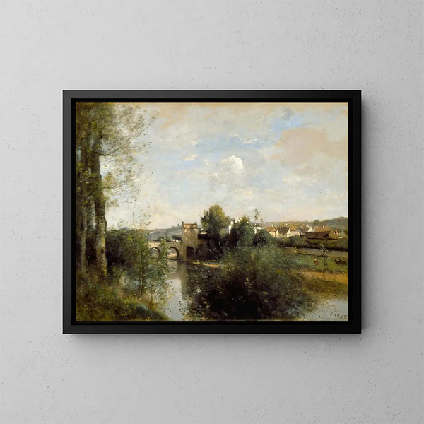 Senna e vecchio ponte a Limay - Jean-Baptiste-Camille Corot — quadro incorniciato alla parete