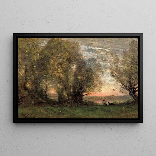 Il pescatore, effetto della sera - Jean-Baptiste-Camille Corot — quadro incorniciato alla parete