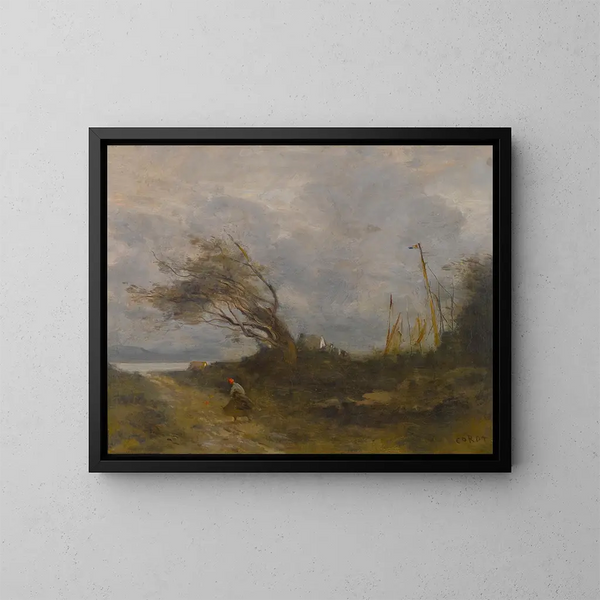 Una raffica di vento sulla riva del mare - Jean-Baptiste-Camille Corot — quadro incorniciato alla parete