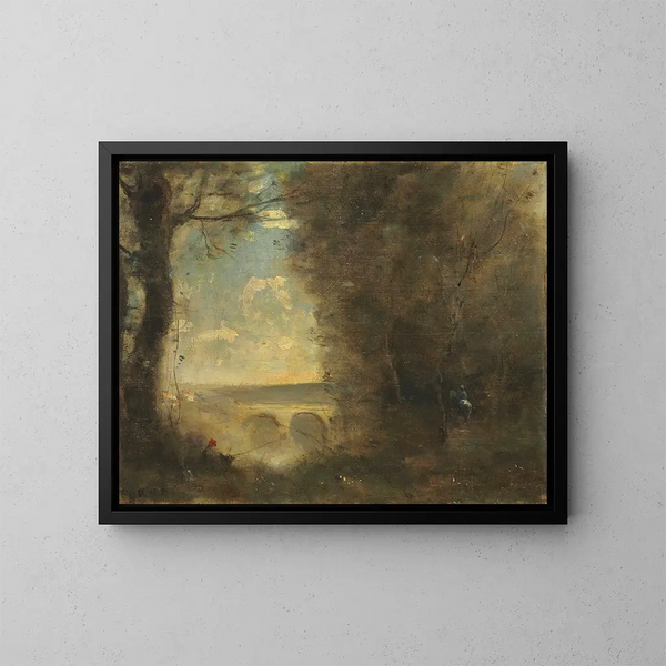 Un pescatore con la lenza, ricordo del ponte di Mantes - Jean-Baptiste-Camille Corot — quadro incorniciato alla parete
