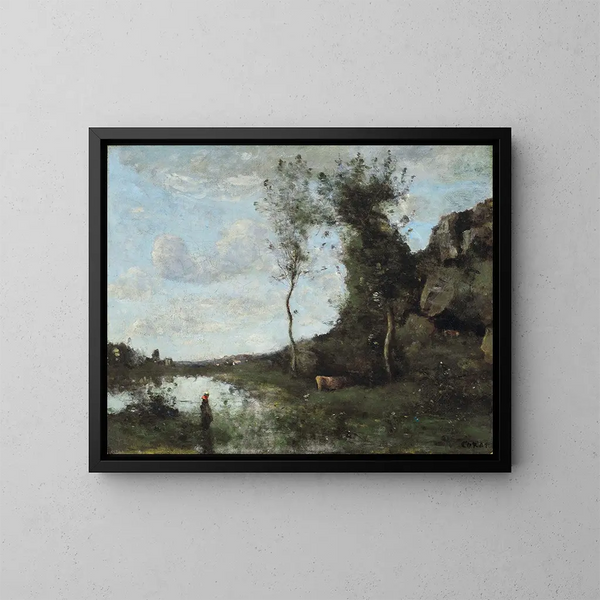 Una contadina e la sua mucca, la palude in vista di un villaggio - Jean-Baptiste-Camille Corot — quadro incorniciato alla parete