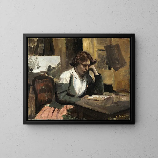 Donna che legge nell'atelier - Jean-Baptiste-Camille Corot — quadro incorniciato alla parete