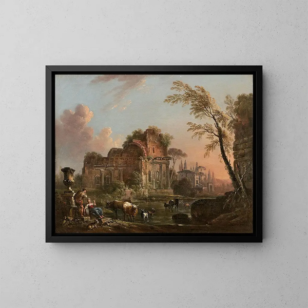 Pastori vicino a rovine antiche in un paesaggio - Jean-Baptiste Lallemand — quadro incorniciato alla parete