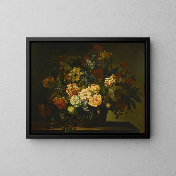 Dalia, tulipani, caprifoglio e altri fiori in un cesto su un tavolo - Jean-Baptiste Monnoyer — quadro incorniciato alla parete