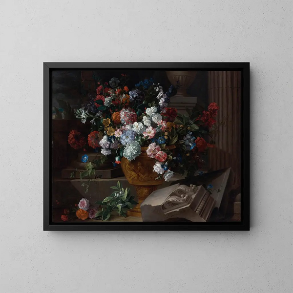 Natura morta con fiori in un'urna scolpita con frammenti architettonici su una terrazza - Jean-Baptiste Monnoyer — quadro incorniciato alla parete