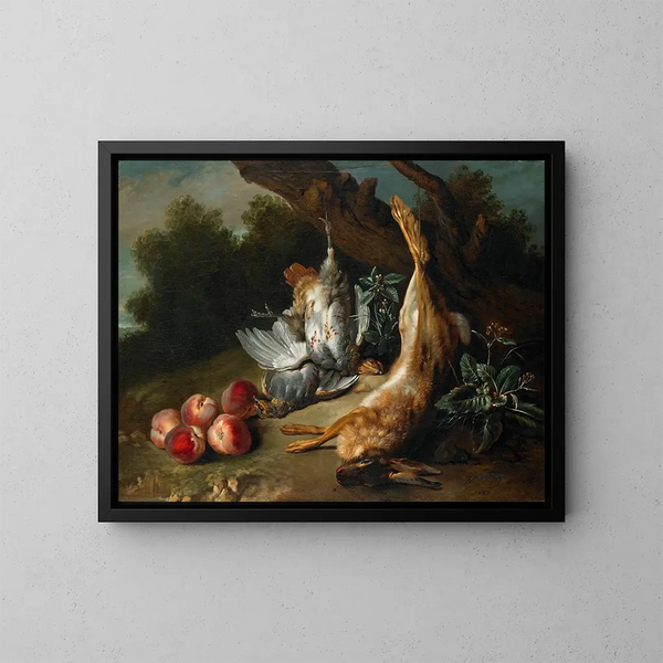 Natura morta con selvaggina morta e pesche in un paesaggio - Jean-Baptiste Oudry — quadro incorniciato alla parete