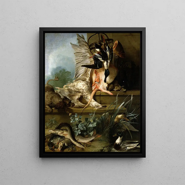 Natura morta con un epagneul che caccia anatre - Jean-Baptiste Oudry — quadro incorniciato alla parete