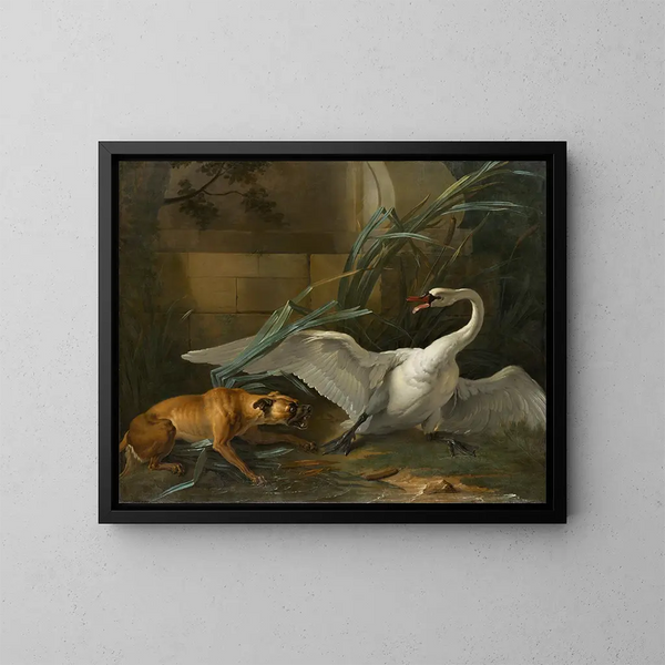 Cigno attaccato da un cane - Jean-Baptiste Oudry — quadro incorniciato alla parete