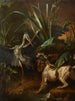 Spaniel d’acqua di fronte a un airone – Jean-Baptiste Oudry — opera del 1722 con spaniel bianco e marrone, airone e canne