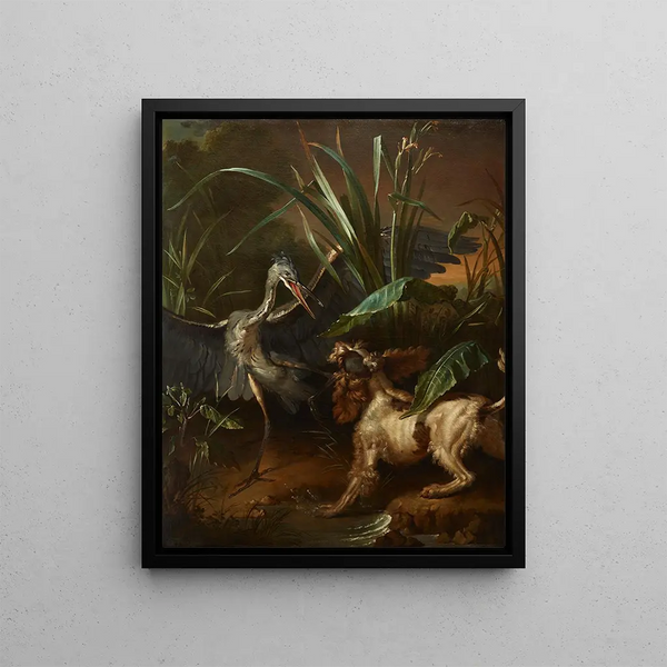 Epagneul d'eau di fronte a un airone - Jean-Baptiste Oudry — quadro incorniciato alla parete