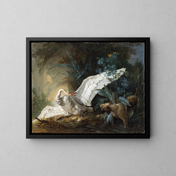 Un cane d'acqua sorprendente un cigno sul suo nido - Jean-Baptiste Oudry — quadro incorniciato alla parete