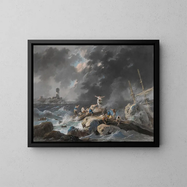 Un naufragio su una costa durante una tempesta con un faro in lontananza - Jean-Baptiste Pillement — quadro incorniciato alla parete