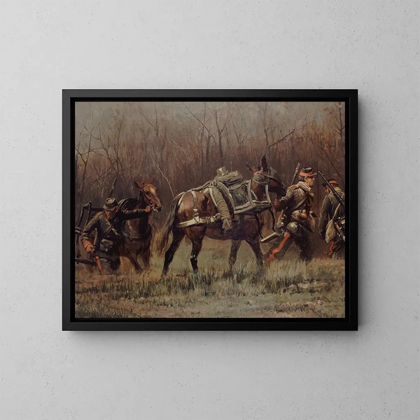Scena militare con muli di ambulanza, frammento del panorama di Champigny - Jean-Baptiste Édouard Detaille — quadro incorniciato alla parete