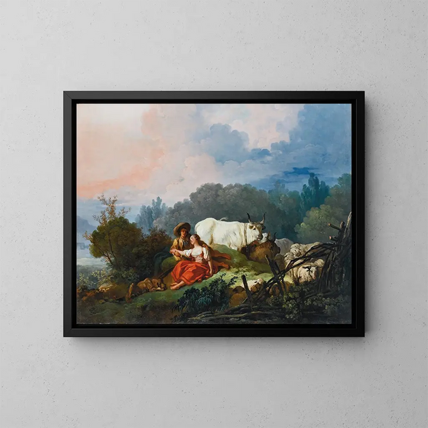 Paesaggio pastorale con un pastore e una pastorella in riposo - Jean-Honoré Fragonard — quadro incorniciato alla parete