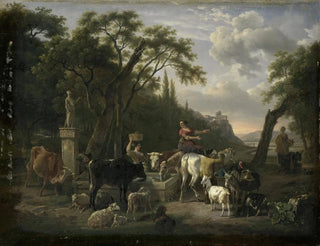 Paesaggio italiano con pastori e animali vicino a una fontana - Jean-Louis Demarne — vista dell’opera