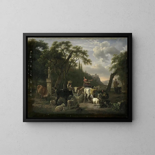 Paesaggio italiano con pastori e animali vicino a una fontana - Jean-Louis Demarne — quadro incorniciato alla parete