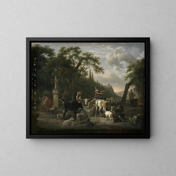 Paesaggio italiano con pastori e animali vicino a una fontana - Jean-Louis Demarne — quadro incorniciato alla parete