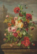 Roses, papaveri, caprifoglio e polyanthus in un'urna su un davanzale in pietra - Jean-Pierre Lays — vista dell’opera