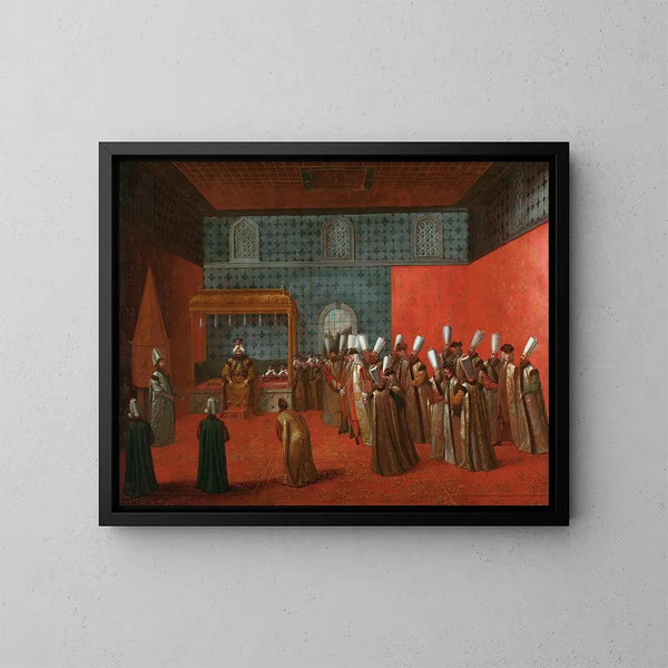 L'ambasciatore Cornelis Calkoen durante la sua udienza con il sultano Ahmed III - Jean-Baptiste Vanmour — quadro incorniciato alla parete