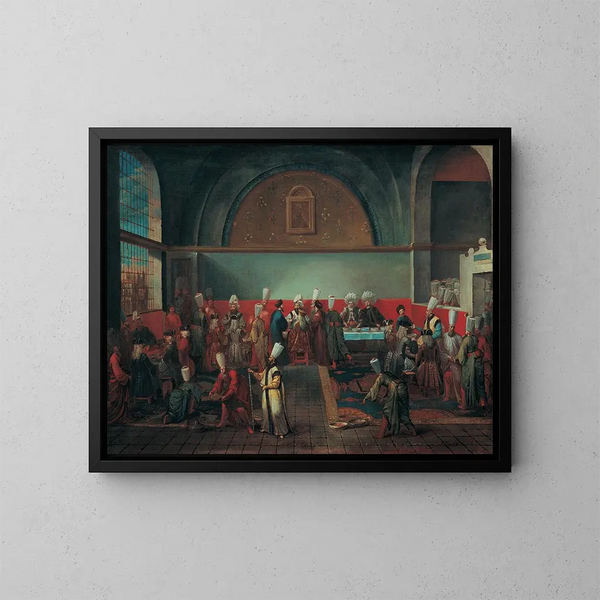 Cena al palazzo in onore di un ambasciatore - Jean-Baptiste Vanmour — quadro incorniciato alla parete