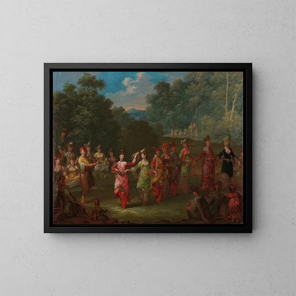 Uomini e donne greci che ballano il khorra - Jean-Baptiste Vanmour — quadro incorniciato alla parete
