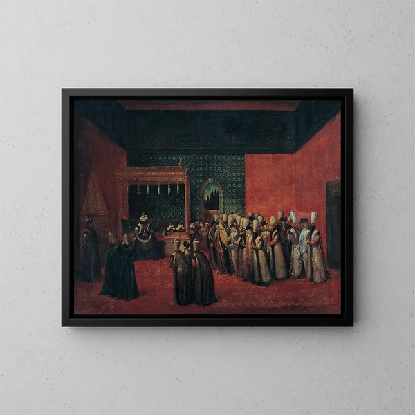 Sultan Ahmed III riceve un ambasciatore europeo - Jean-Baptiste Vanmour — quadro incorniciato alla parete