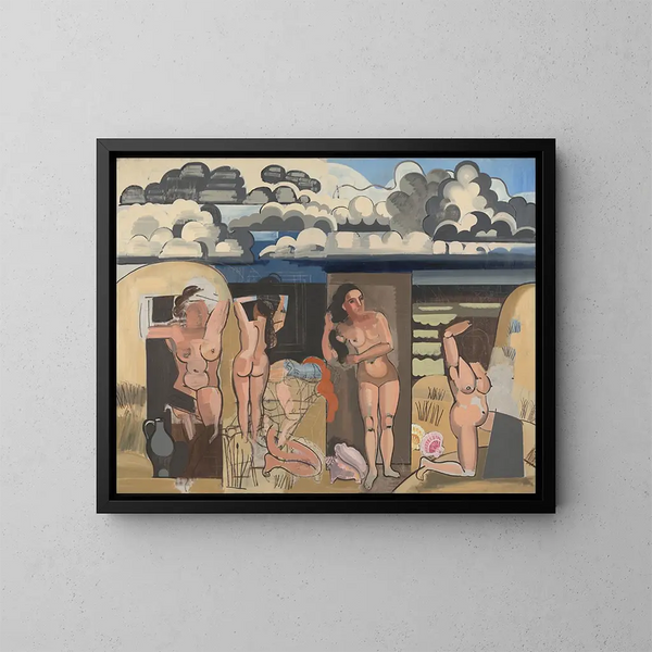 Vista sulla spiaggia con bagnanti - Jean Brusselmans — quadro incorniciato alla parete