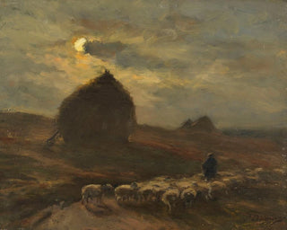 Jean Ferdinand Chaigneau - Flock of sheep and shepherd by moonlight.webp