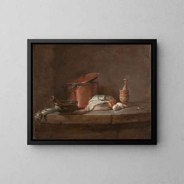 Utensili da cucina con porri, pesce e uova - Jean Siméon Chardin — quadro incorniciato alla parete