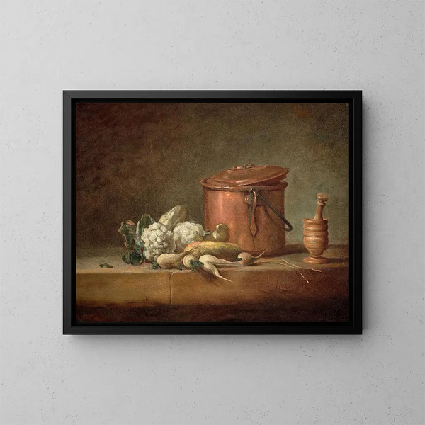 Marmite di rame, cavolfiori e tritacarne con il suo pestello su un mensolone - Jean Siméon Chardin — quadro incorniciato alla parete