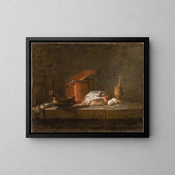 Natura morta con utensili da cucina e verdure - Jean Siméon Chardin — quadro incorniciato alla parete