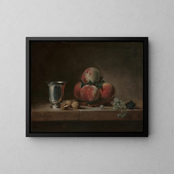 Nature morte con pesche, un bicchiere in argento, uva e noci - Jean Siméon Chardin — quadro incorniciato alla parete