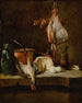 Natura morta con una razza, un paniere di cipolle, uova, formaggio, una brocca verde e un vaso di rame - Jean Siméon Chardin — vista dell’opera