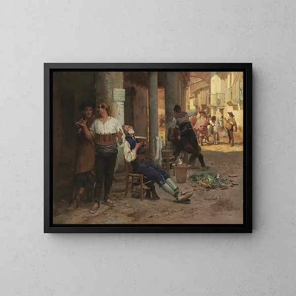 Barbier ambulante in Spagna - Jehan Georges Vibert — quadro incorniciato alla parete