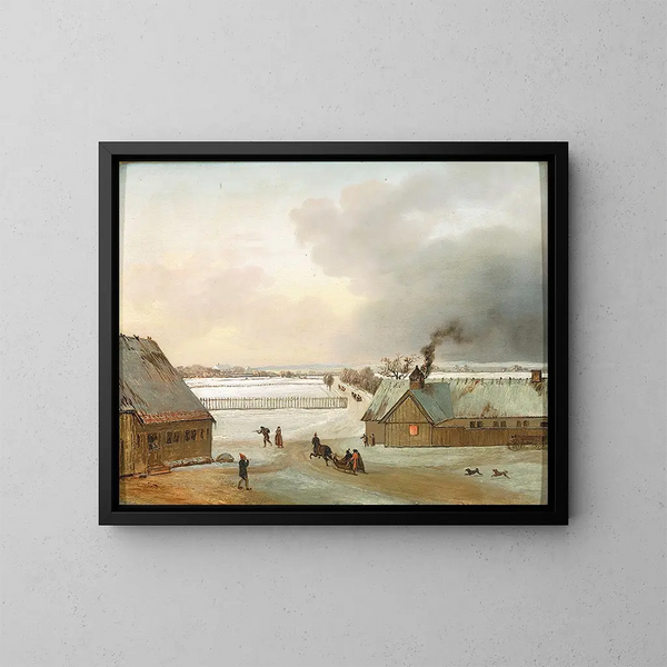 Vista invernale di Selyst da Ordrup con una slitta da neve - Jens Juel — quadro incorniciato alla parete