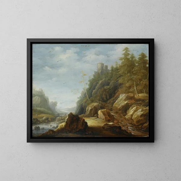 Un paesaggio delle Montagne Rocciose con un forte su una collina, pastori con il loro gregge oltre - Joachim Govertsz Camphuysen — quadro incorniciato alla parete