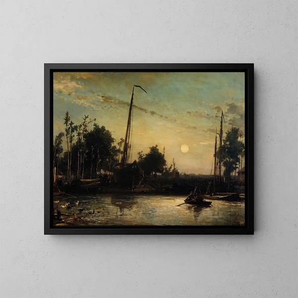 Bateau in costruzione al bordo di un canale, paesaggio olandese - Johan Barthold Jongkind — quadro incorniciato alla parete