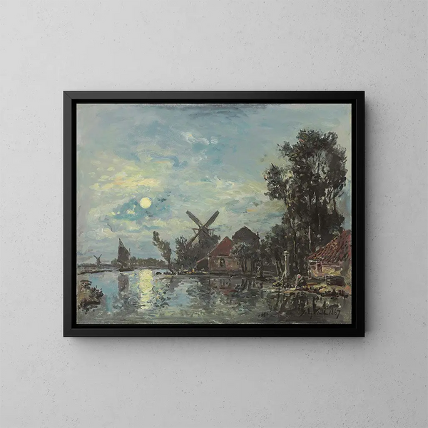 Effetto della luna sul estuario in Olanda - Johan Barthold Jongkind — quadro incorniciato alla parete