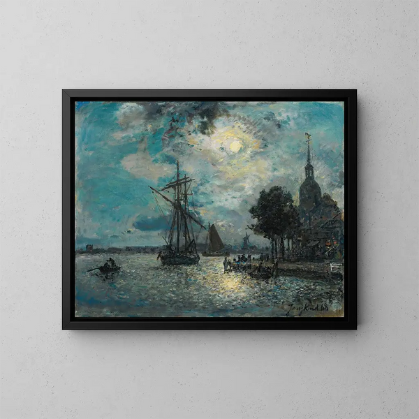 Il porto di Dordrecht alla luce della luna - Johan Barthold Jongkind — quadro incorniciato alla parete