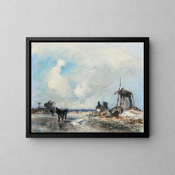 Mulini e pattinatori in Olanda - Johan Barthold Jongkind — quadro incorniciato alla parete