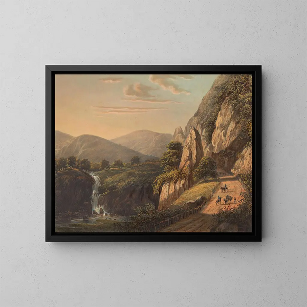 Vista di una cascata e di un sentiero rurale a Preanger su Giava nel Sumandansche - Johan Conrad Greive — quadro incorniciato alla parete