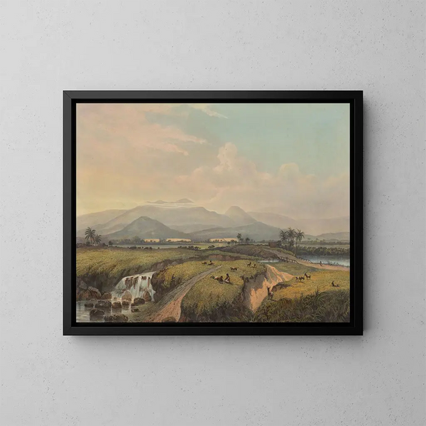 Vista sulle montagne di Giava, vista sulle montagne kawis e sull'azienda tabacchicola - Johan Conrad Greive — quadro incorniciato alla parete