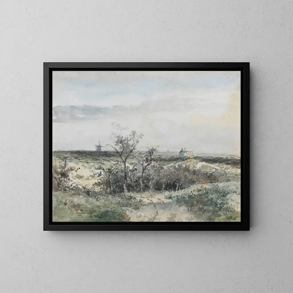 Vista sul Dekkersduin con l'antica fabbrica di gas e un mulino all'orizzonte - Johan Hendrik Weissenbruch — quadro incorniciato alla parete