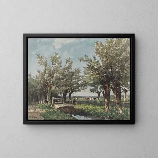 Paesaggio con un ruscello dove due ragazzi pescano - Johan Hendrik Weissenbruch — quadro incorniciato alla parete