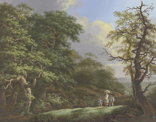 Johann Albrecht Friedrich Rauscher - Eichenwald im Vordergrund eine Frau mit einem Korb auf dem Kopf begleitet von einem Mann und einem Knaben.webp