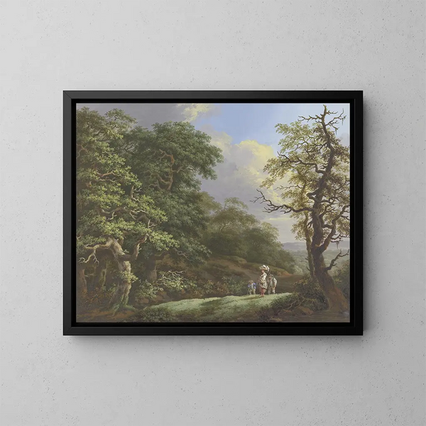 Quercia in primo piano, una donna con un paniere sulla testa accompagnata da un uomo e da un ragazzo - Johann Albrecht Friedrich Rauscher — quadro incorniciato alla parete