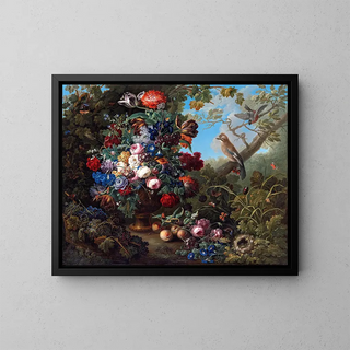Johann Baptist Drechsler - Groes Blumenstillleben mit Vgeln.webp