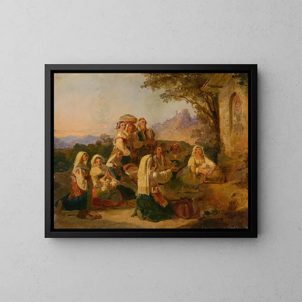 Contadini italiani in preghiera davanti a un oratorio vicino a Cervara - Johann Baptist Kirner — quadro incorniciato alla parete