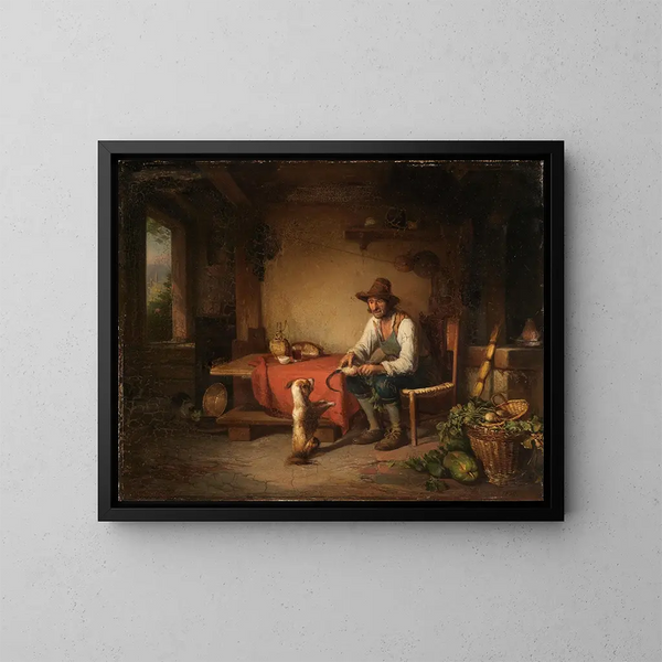Paesani italiani che giocano con un cane - Johann Baptist Kirner — quadro incorniciato alla parete